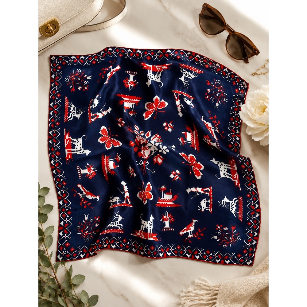 Vintage Sally Gee Silk Blend Scarf Navy Red White‎ Pixel Art Novelty Print Japan